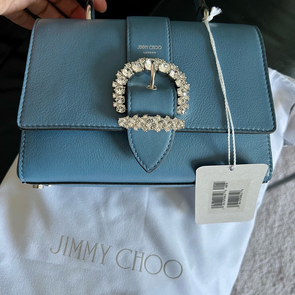 Jimmy Choo Blue Crossbody Bag with Crystal Buckle